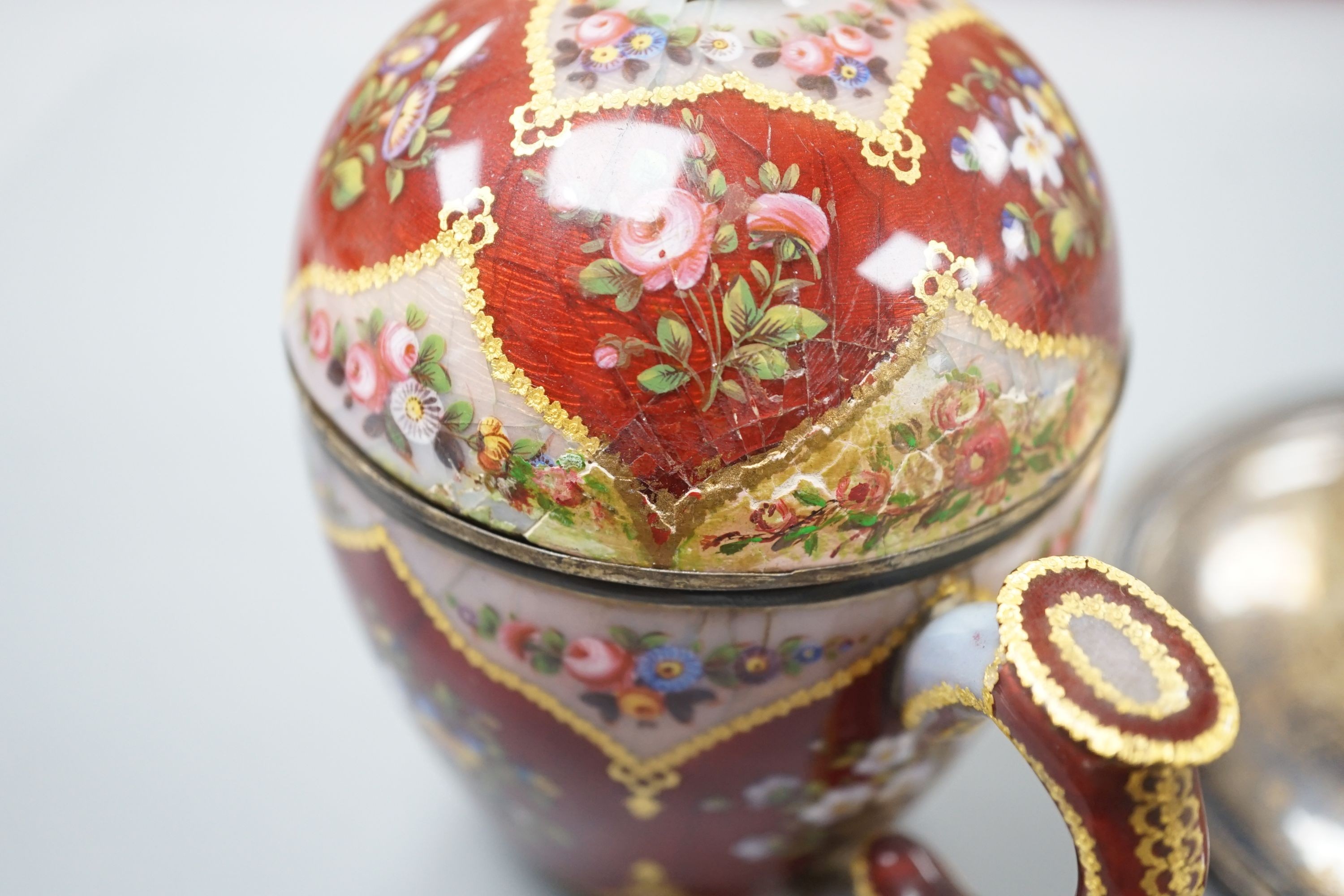 A 19th century Swiss white metal and enamel jam or sugar pot, cover and stand, made for the Ottoman market, 12.5 cms high.